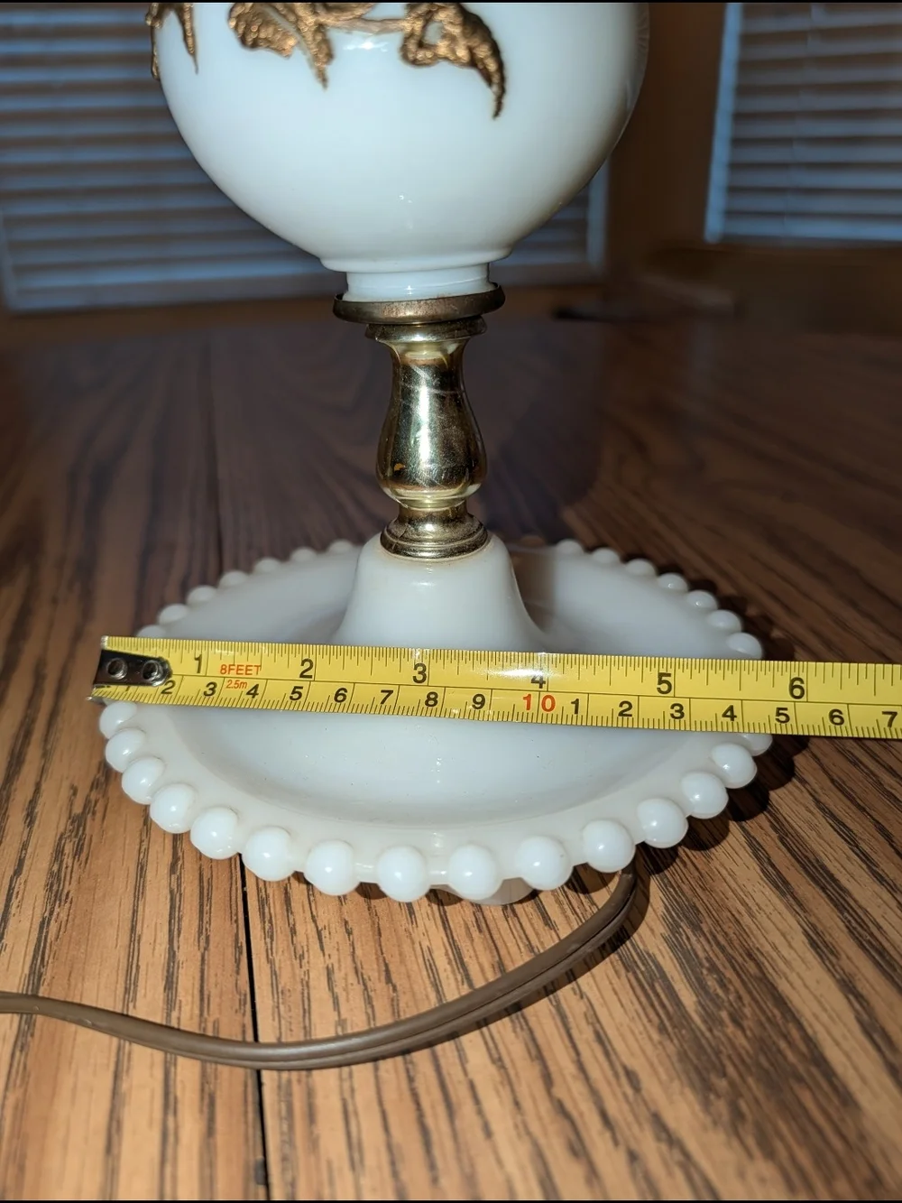 Vintage White Milk Glass Table Lamp with Gold Leaf Accents